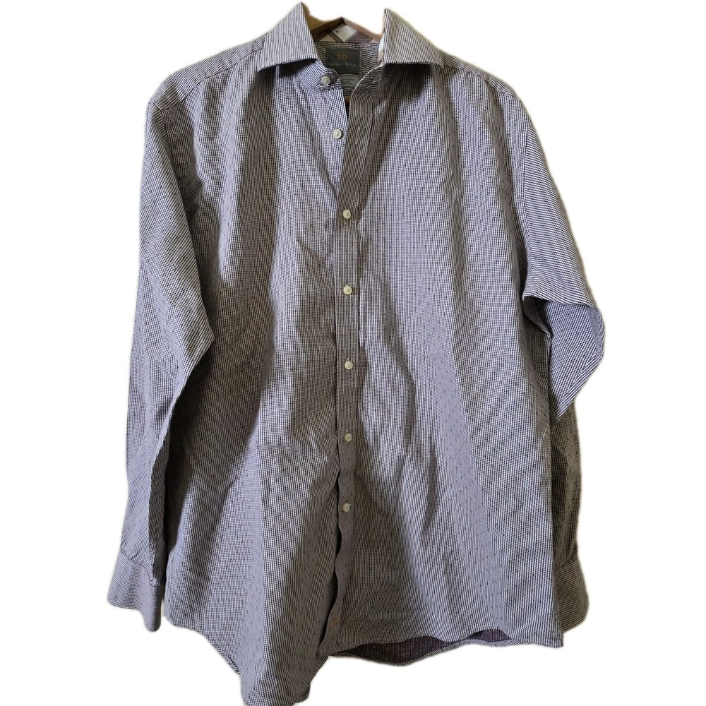 Thomas Dean Button Down Shirt Mens Large Purple Gingham 100% Pima Cotton